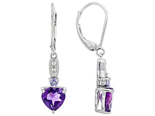 Purple Amethyst 7mm with White Diamond and Tanzanite Rhodium Over Silver Earrings 2.10ctw