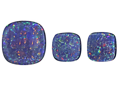 Photo of Multi-Color Australian Opal Triplet 12mm,8mm Cushion Cabochon Cut Gemstones Set of 3 7.00Ctw