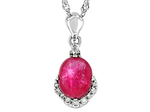 Star Ruby Cabochon and White Zircon Sterling Silver Pendant with Chain 4.02ctw