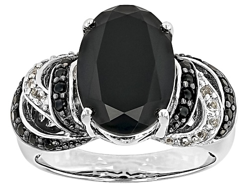 Photo of Black Spinel Oval 14x10mm with White Topaz Round Sterling Silver Ring 6.27ctw - Size 8
