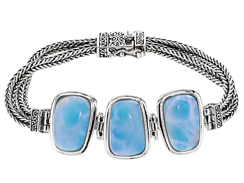 18x11mm Fancy Cut Cabochon Larimar Sterling Silver 3-Stone Bracelet - Size 7.25