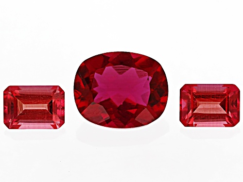 Photo of Red Lab Created Bixbite 7x5mm 2pcs Octagon 11x9mm 1pc Cushion Faceted Cut Gemstones Set 3 5CTW