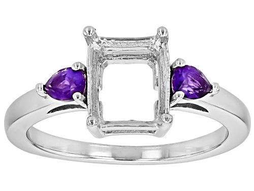 Semi-Mount 9x7mm Emerald Cut Rhodium Plated Sterling Silver Ring with Amethyst Accent 0.26Ctw - Size 6