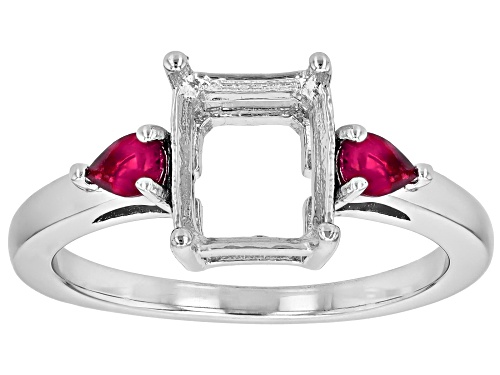 Photo of Semi-Mount 9x7mm Emerald Cut Rhodium Plated Sterling Silver Ring with Rhodolite Accent 0.37Ctw - Size 7