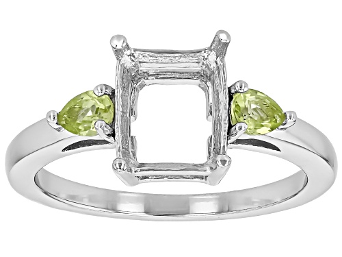 Photo of Semi-Mount 9x7mm Emerald Cut Rhodium Plated Sterling Silver Ring with Peridot Accent 0.27Ctw - Size 6