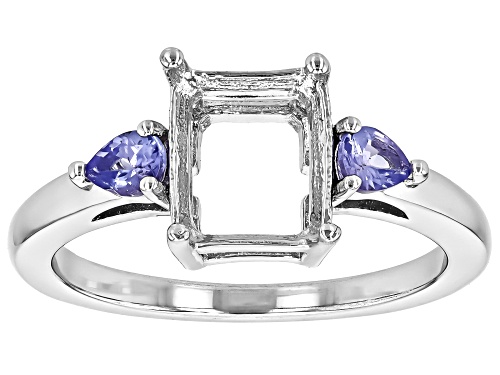 Semi-Mount 9x7mm Emerald Cut Rhodium Plated Sterling Silver Ring with Tanzanite Accent 0.26Ctw - Size 7