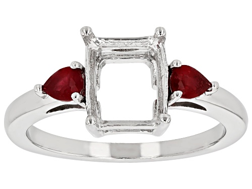 Semi-Mount 9x7mm Emerald Cut Rhodium Plated Sterling Silver Ring with Fissure Filled Ruby Accent - Size 10