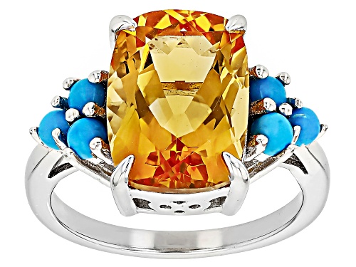 Yellow Citrine 14x10mm and Sleeping Beauty Turquoise Rhodium Over Sterling Silver Ring 5.20ctw - Size 7.5