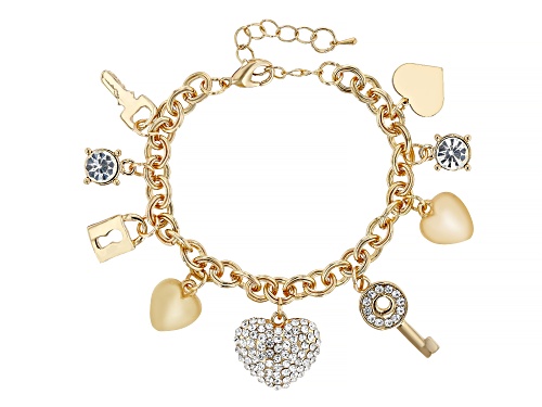 Crystal Copper-Nickel Heart, Lock and Key Charms Bracelet Gold and Silver Tone Plated