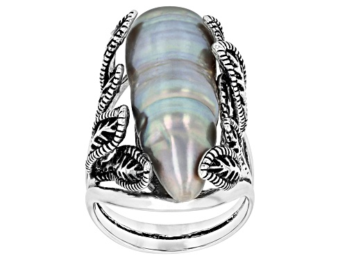 Photo of 9X24.5mm Gray Cultured Freshwater Pearl Rhodium Over Sterling Silver Floral Design Ring - Size 7