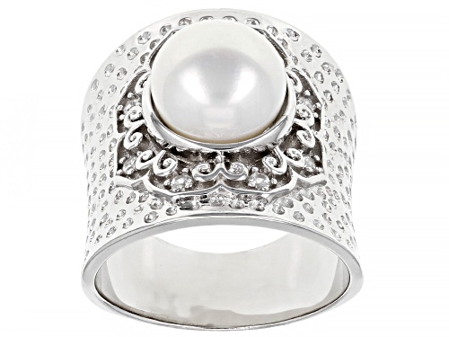 Photo of 9.5-10mm Cultured Freshwater Pearl with 0.02ctw White Zircon Rhodium Over Silver Hammered Ring - Size 8