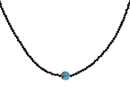 2mm Round Black Spinel With 8mm Round Turquoise Rhodium Over Silver Beaded Necklace