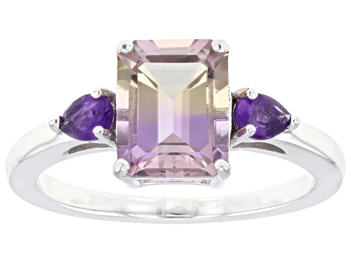 Ametrine Octagon 9x7mm with Amethyst Rhodium Over Sterling Silver 3-Stone Ring 2.22ctw - Size 7