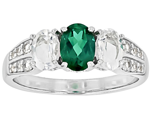 Photo of Lab Created Emerald Oval 7x5 with Petalite & Lab Sapphire Rhodium Over Sterling Silver Ring 1.06ctw - Size 9