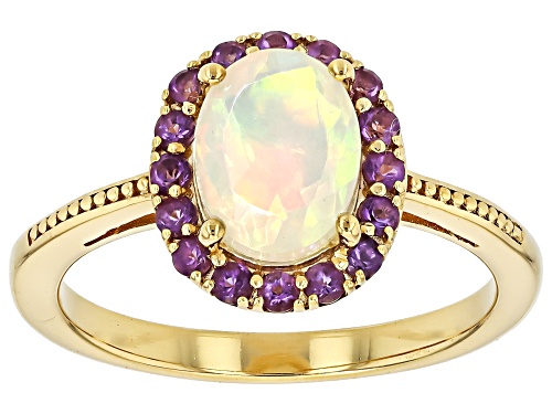 Multi-Color Ethiopian Opal 8x6mm and Amethyst 18K Yellow Gold Over Sterling Silver Ring 1.03ctw - Size 7