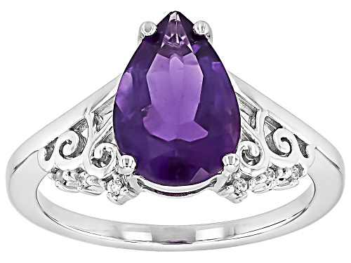 African Amethyst Pear 12x8mm and White Zircon Rhodium Over Sterling Silver Ring 2.38ctw - Size 9