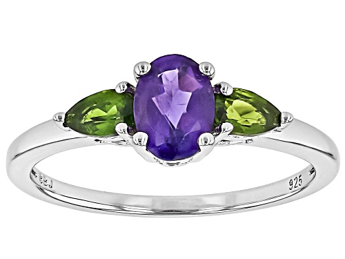 Amethyst Oval 7x5mm and Chrome Diopside Rhodium Over Sterling Silver Ring 1.35ctw - Size 8
