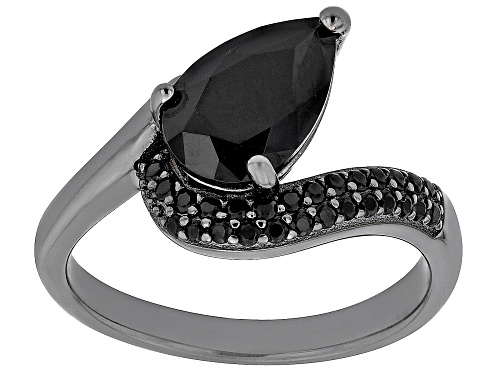 1.93ct Pear Shape And 0.23ctw Round Black Spinel, Black Rhodium Over Sterling Silver Ring - Size 5