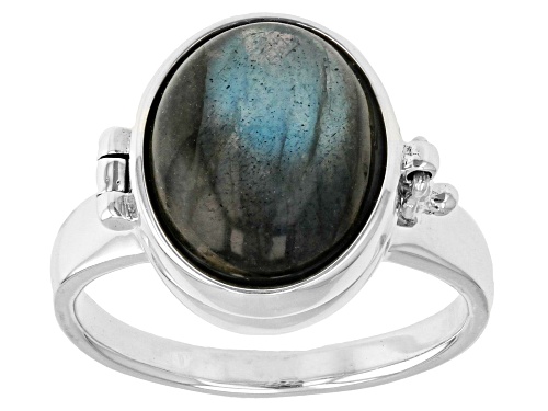 12x10mm Oval Cabochon Labradorite Sterling Silver Prayer Box Solitaire Ring - Size 5