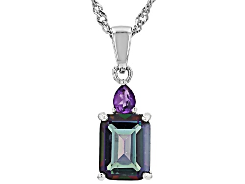 Mystic Fire® Green Topaz and Amethyst Accent Rhodium Over Sterling Silver Pendant