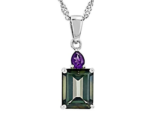 Green Labradorite and Amethyst Accent Rhodium Over Sterling Silver Pendant
