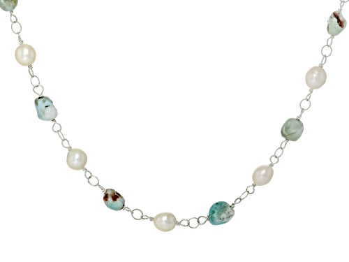 Photo of 8x6mm Cultured Freshwater Pearl with 8x5mm Larimar Rhodium Over Sterling Silver Necklace - Size 30