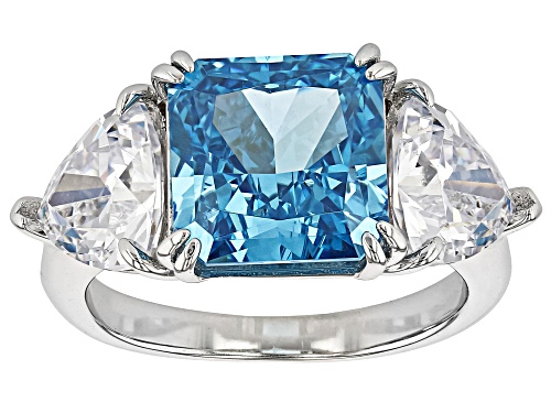 Octagon 10x10mm Blue Cubic Zirconia and Trillion White Cubic Zirconia Sterling Silver Ring 6.89ctw - Size 8