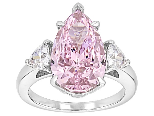 Pink Cubic Zirconia Pear 16x10mm and Trillion White Cubic Zirconia Sterling Silver Ring 13.43ctw - Size 8