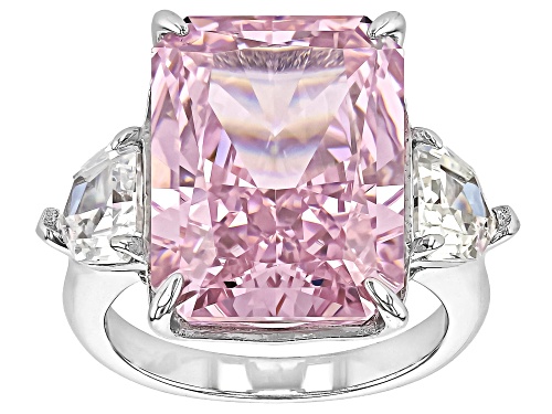 Pink Cubic Zirconia Octagon 17x13mm and Trillion White Cubic Zirconia Sterling Silver Ring 14.51ctw - Size 8