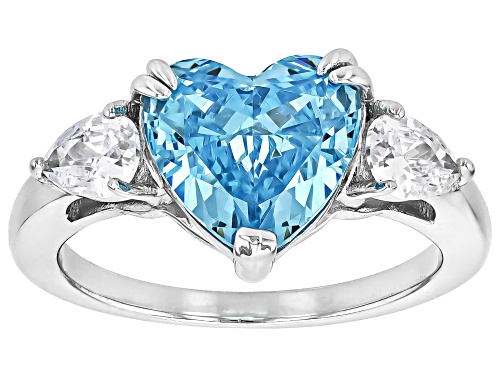 Blue Cubic Zirconia Heart 10x10mm and Pear White Cubic Zirconia Sterling Silver Ring 5.30ctw - Size 8