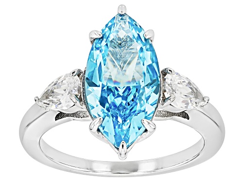 Blue Cubic Zirconia Marquise 16x8mm and Pear White Cubic Zirconia Sterling Silver Ring 6.17ctw - Size 8