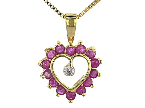 Red Ruby 0.70Ctw with Diamond Accent 18k Yellow Gold Over Silver Heart Shaped Pendant with Chain