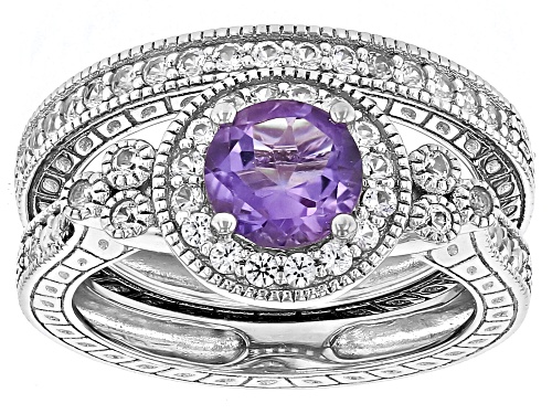 Photo of Brazilian Amethyst Round 7mm and Lab White Sapphire Platinum Over Sterling Silver Ring Set 1.97ctw - Size 8