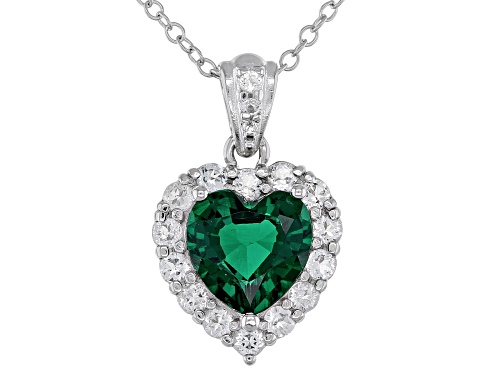 Green Lab Emerald Heart 8mm & White Topaz Platinum Over Sterling Silver Pendant with Chain 1.92ctw