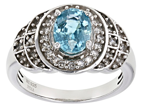 Photo of Blue Zircon Oval 8x6mm and White Zircon Platinum Over Sterling Silver Ring 2.13ctw - Size 6