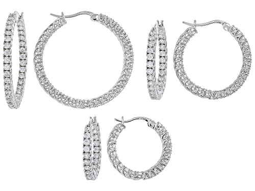 White Cubic Zirconia Rhodium Over Sterling Silver Hoop Earrings Set of 3 6.22ctw