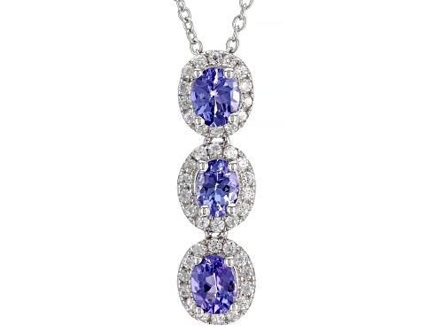 Tanzanite Oval 6x4mm and White Zircon Rhodium Over Sterling Silver Pendant with Chain 1.32ctw