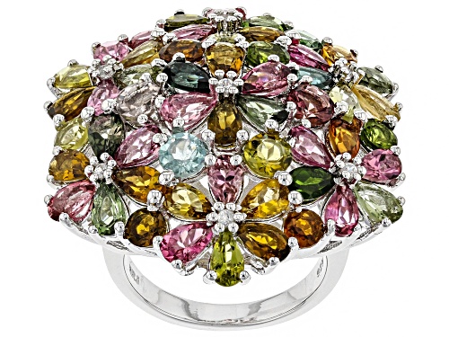 Multi-Color Tourmaline and White Zircon Rhodium Over Sterling Silver Ring 9.08ctw - Size 7