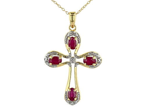 Ruby Oval 5x3mm and White Diamond 18K Yellow Gold Over Sterling Silver Pendant with Chain 1.33ctw
