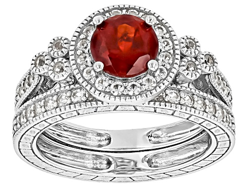 Photo of Red Hessonite Round 7mm and Lab White Sapphire Platinum Over Sterling Silver Ring Set 2.11ctw - Size 8