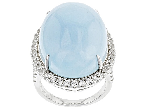Photo of Blue Dreamy Aquamarine Oval 23x18mm and White Zircon Rhodium Over Sterling Silver Ring 31.59ctw - Size 8