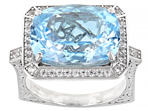 Sky Blue Topaz Cushion 14x10mm and White Zircon Rhodium Over Sterling Silver Ring 6.65ctw - Size 8