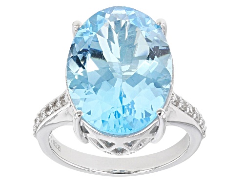 Sky Blue Topaz Oval 18x13mm and White Zircon Rhodium Over Sterling Silver Ring 15.76ctw - Size 7