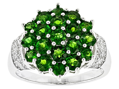 Green Chrome Diopside Round 3mm with White Zircon Rhodium Over Sterling Silver Ring 1.97ctw - Size 8