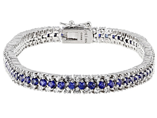 Lab Created Blue Sapphire & Lab Created White Sapphire Rhodium Over Sterling Silver Bracelet 6.09ctw - Size 7.25