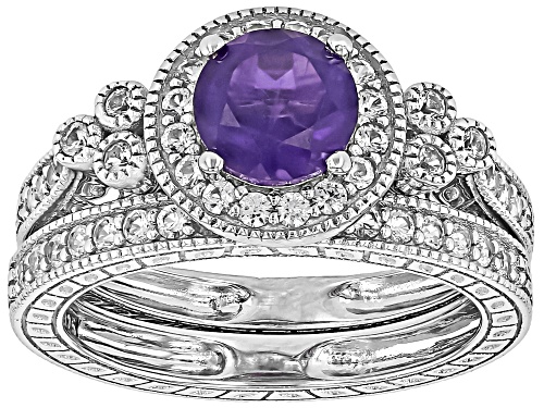 Amethyst Round 7mm and Lab Created Sapphire Platinum Over Sterling Silver Ring Set 1.82ctw - Size 8