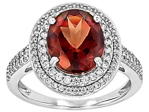 Photo of Red Labradorite Oval 11x9mm and White Zircon Rhodium Over Sterling Silver Halo Ring 3.46ctw - Size 9