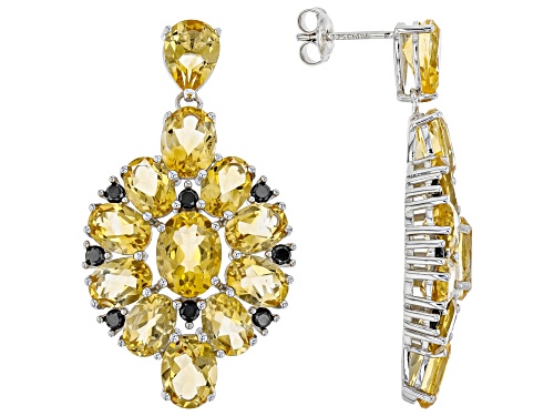 Yellow Citrine Oval 7x5mm with Black Spinel Rhodium Over Sterling Silver Earrings 17.64Ctw