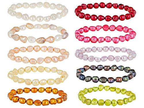 Multi-Color Cultured Freshwater Pearl Stretch Bracelet Set Of 10