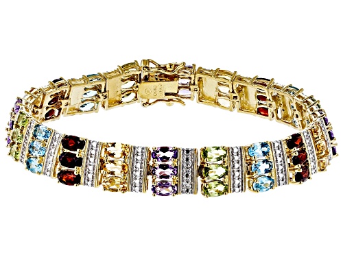 14.95ctw Oval Multi Gem With Diamond Accent 18k Yellow Gold Over Silver Two-Tone Bracelet - Size 7.25